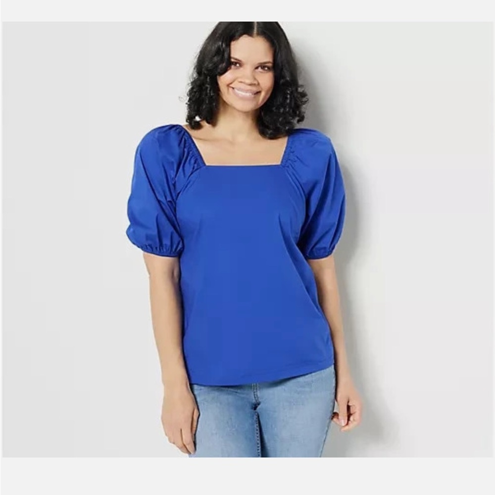 Candace Cameron Bure Square Neck Balloon Sleeve Top-Blue-Large-NEW-A488208